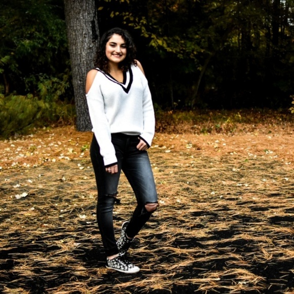 Varsity Vibes Striped V Neck Sweater (Off White) - Picture 6 of 8